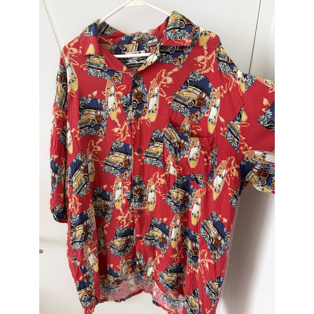 Pineapple Connection Hawaiian Shirt XL Tall Woody Surfboard Aloha Car Red Rayon
